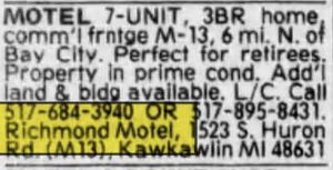 Huron Trail Motel (Richmond Motel) - Oct 1984 For Sale